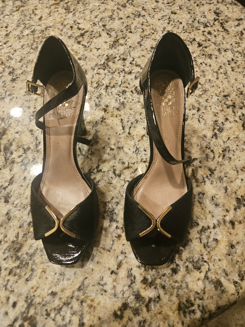 Vince Camuto Black Patent & Haircalf Ankle-Strap Heels with Gold Accent X Detail